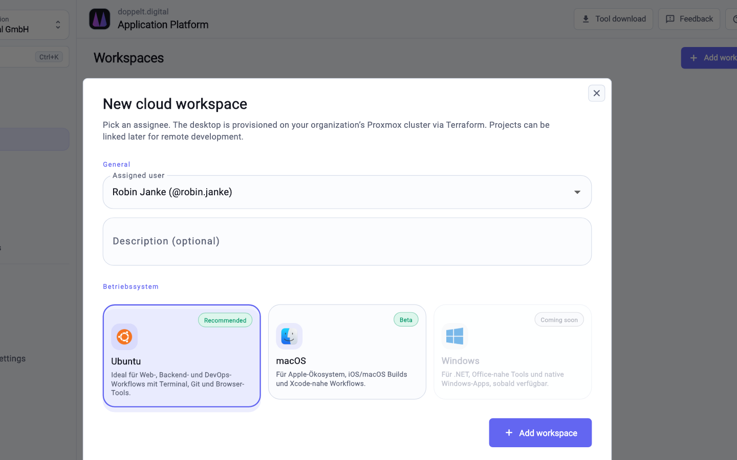 Create a workspace: size, operating system and ownership in one step.